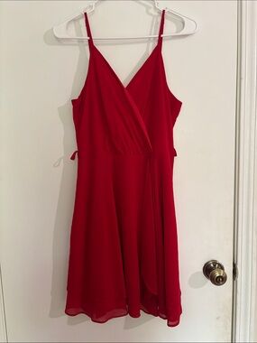 Papaya Red Spaghetti Strap Wrap-Style Mini Dress